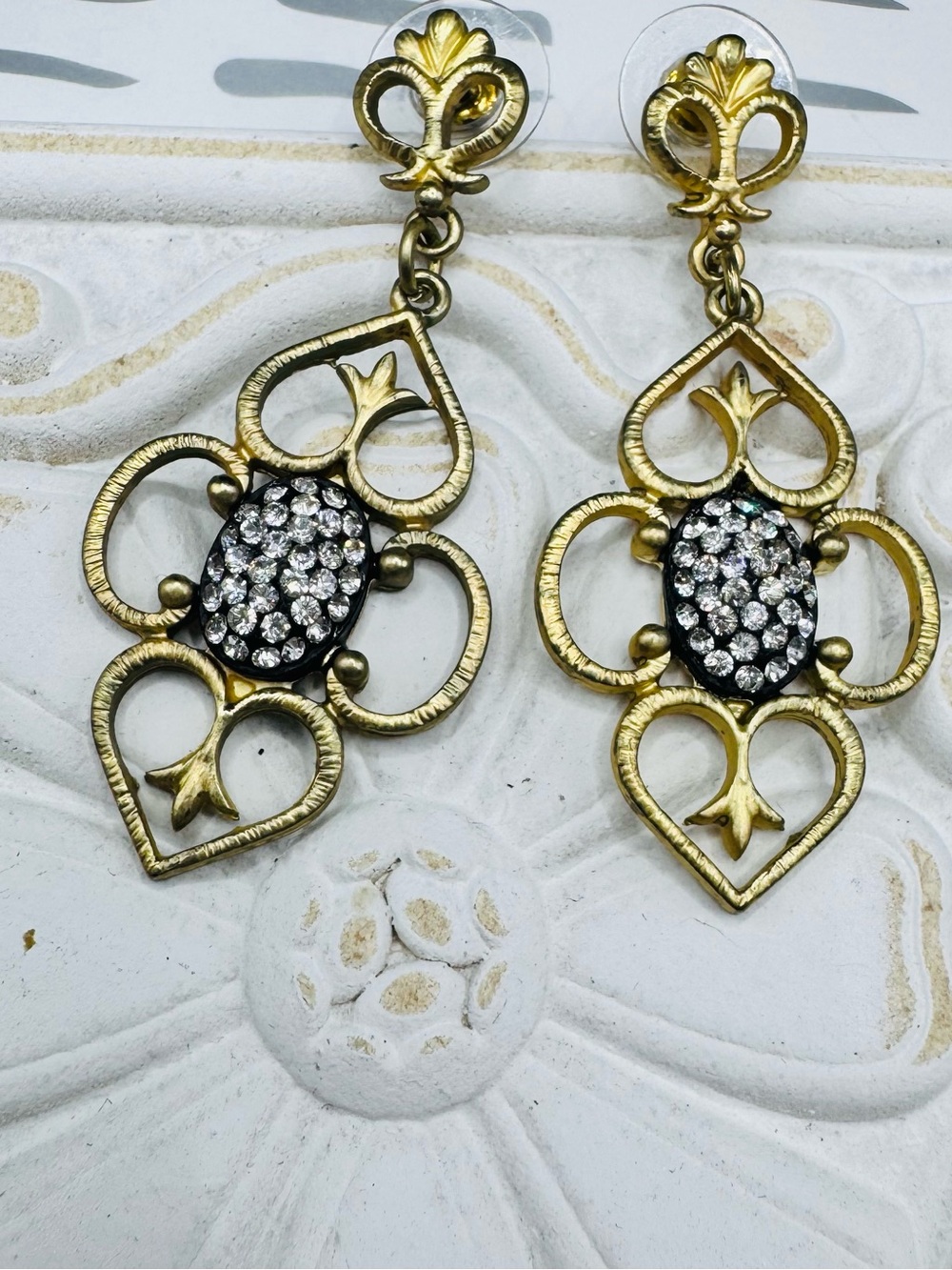 Weingeroff Vintage Gold Tone Crystal Pave Filigree Drop Statement Earrings